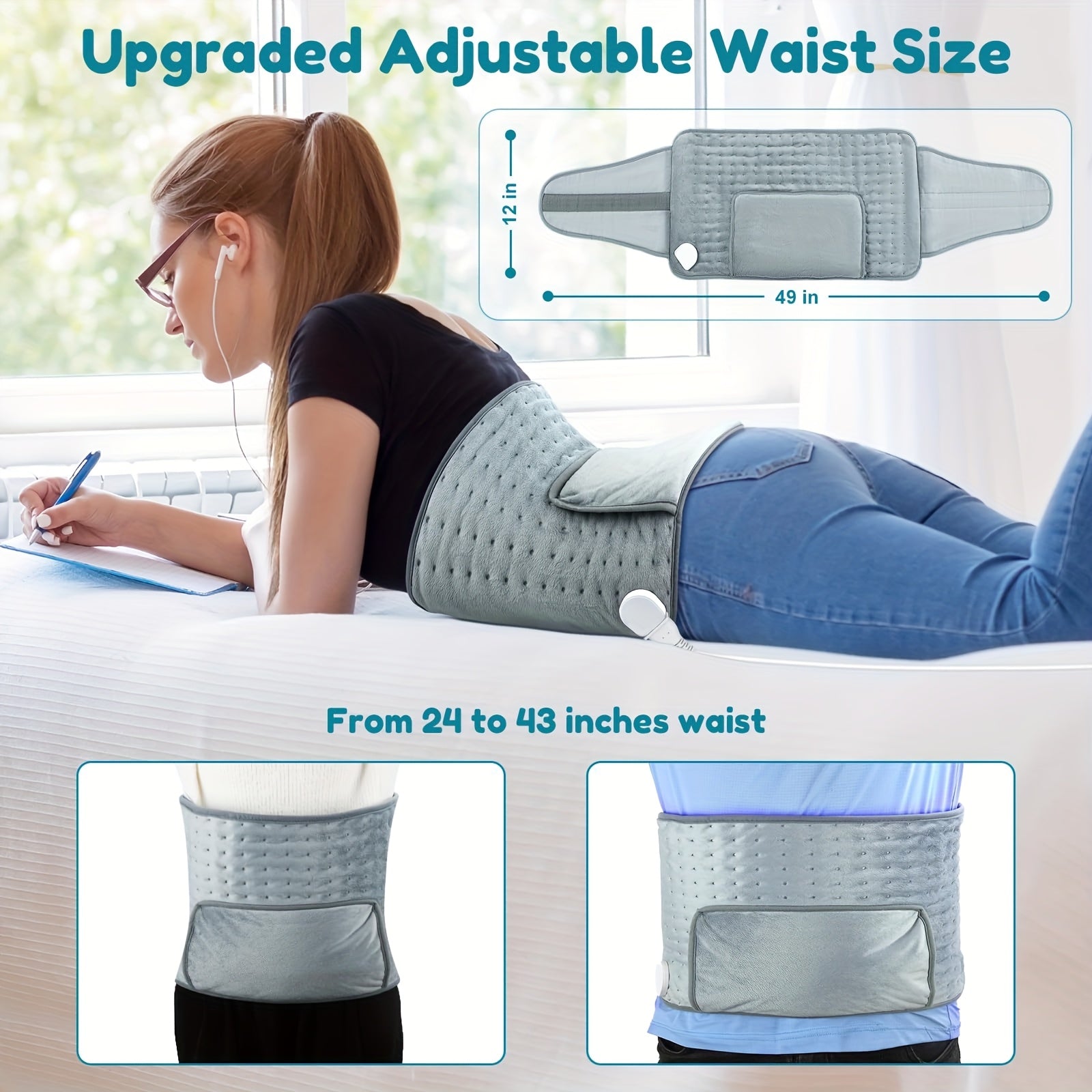 Heating Belt for Back Pain Relief Electric 12x24 Heated Waist Wrap – 6 Levels 4 Timers 6-Hour Auto Shutoff for Men Women Cramps Muscle Soreness