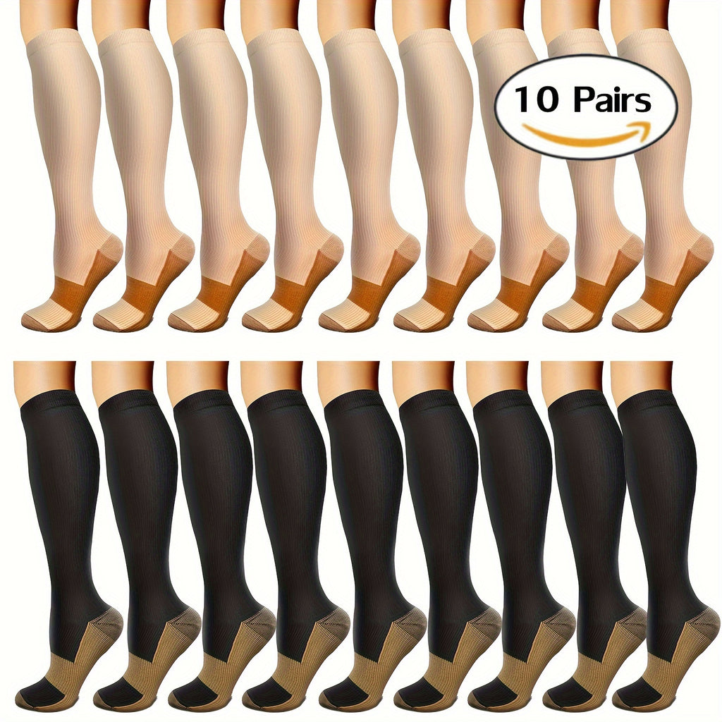 Copper Compression Socks 10 Pairs for Women Men Knee High Circulation Support Socks for Running Cycling Climbing Athletic Daily Wear Sizes S M L XL XXL