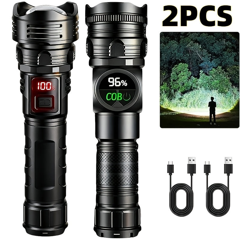 Ultra Bright LED Flashlight 2-Pack High Power COB Side Light USB Fast Charging Zoomable - Multiple Modes for Camping Cycling Fishing Emergency Exploration, Men's Gift