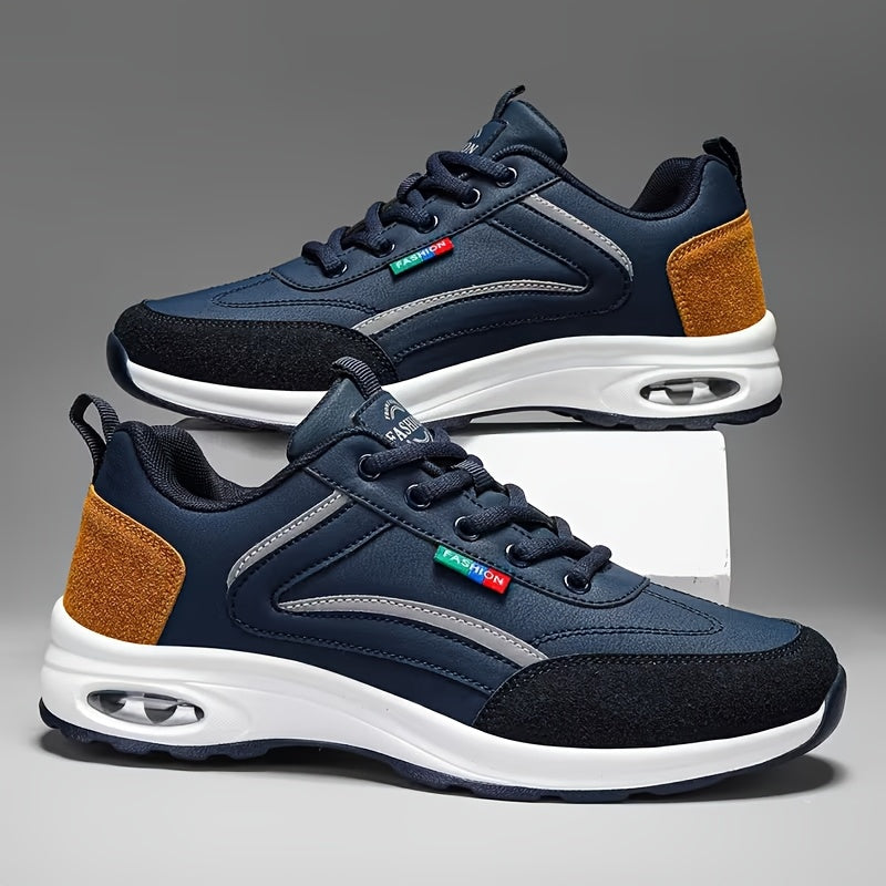 Men's Fashion Sneakers Lace-Up Non-Slip Soft Sole Casual Running Shoes PU Leather Comfortable Outdoor Athletic Footwear