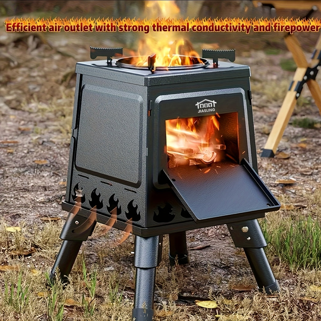 Portable Wood Burning Camp Stove with BBQ Scissors – Compact Folding Camping Stove for Outdoor Hiking Picnic Backpacking Travel, Black