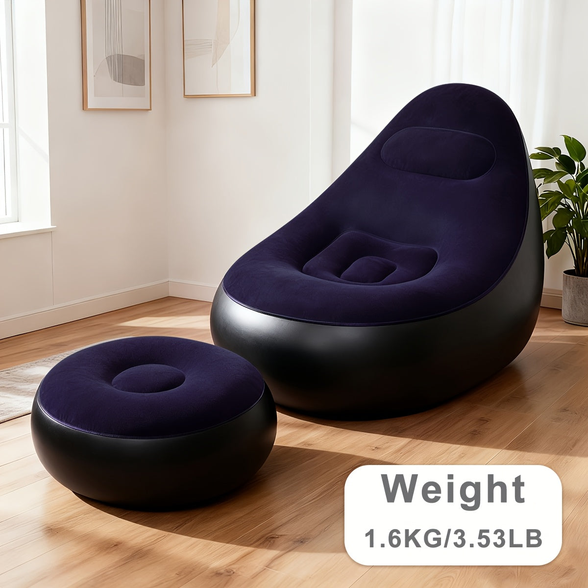 Inflatable Sofa with Footstool 2-Piece Set Heavy Duty Plush Fabric Portable Air Couch with Pump – Indoor Outdoor Camping Beach Backyard Lounge