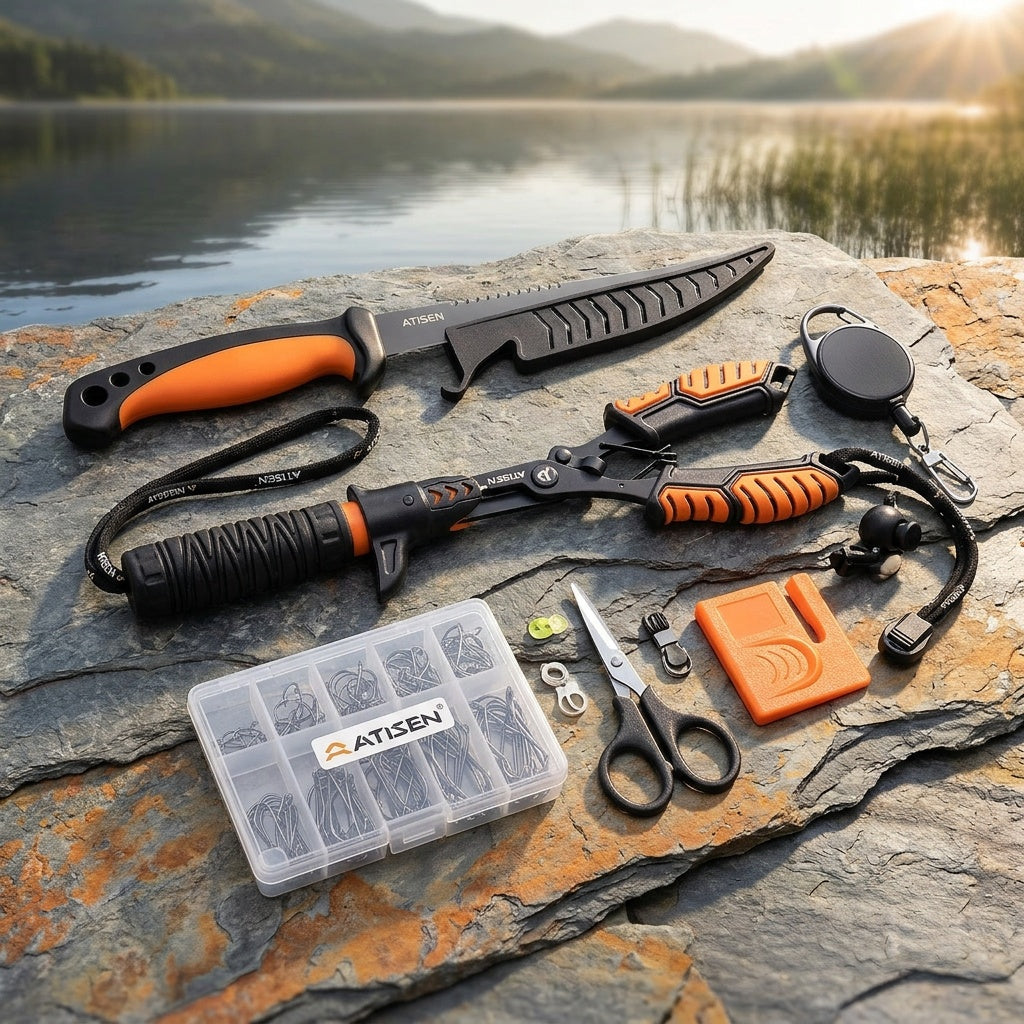 106-Piece Fishing Knife Set with Bait Knife, Shrimp Tongs, Knife Sharpener & Line Clippers – Complete Angler Tool Kit for Fishing, Camping, Hiking & Outdoor Cooking, Gift for Men