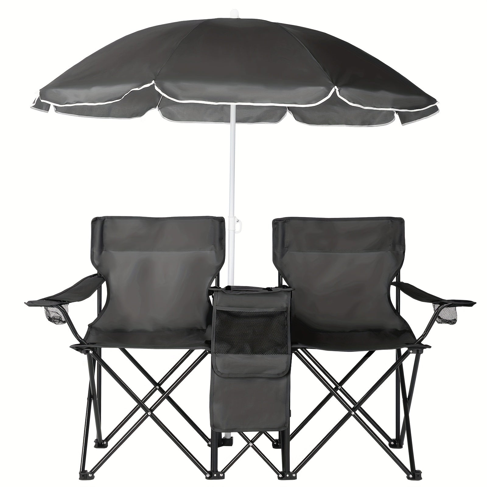 2-Seat Folding Outdoor Chair with Removable Sun Umbrella - Portable Double Camping Chair with Handrails for Fishing Beach Sunbathing Patio - Durable Steel Frame Oxford Fabric Lawn Chair