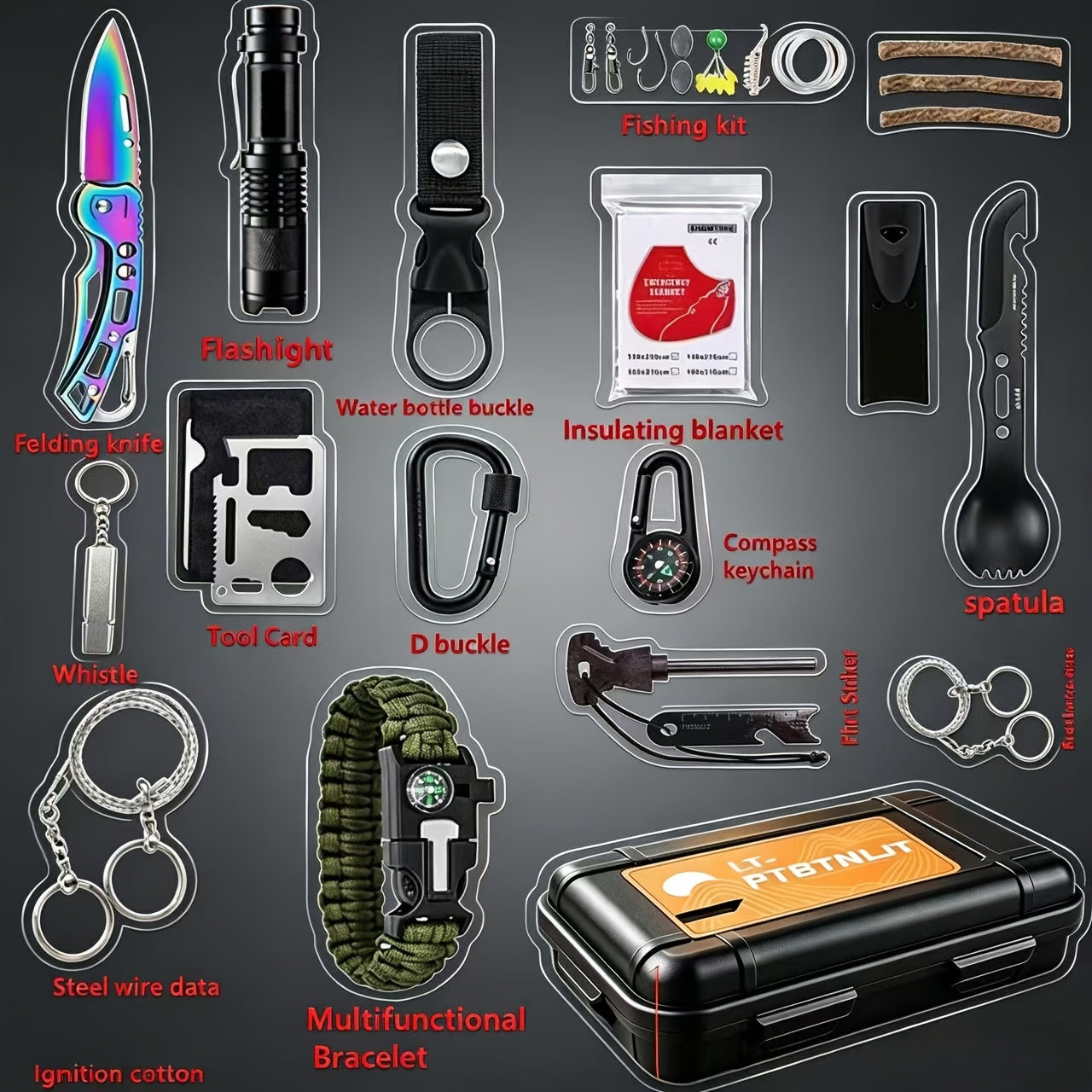Survival Kit Multi-Tool Emergency Gear Set 12–115 Pcs with Magnesium Fire Starter – Camping Hiking Outdoor Adventure Essentials – Multiple Styles – Cool Gift for Men Dad Husband Boyfriend Teen