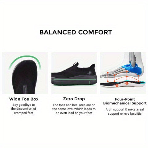 Mens Slip-In Hands Free Sneakers – Wide Toe Box, Arch Support, Orthopedic Walking Shoes with Zero Drop Sole & Metatarsal Pads, US 8-13