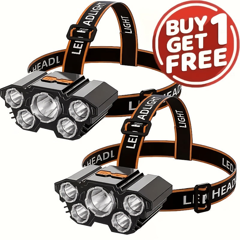 2-Pack USB Rechargeable LED Headlamp 5-LED 4-Mode IP44 Waterproof Hands-Free Head Light for Camping Hiking Night Running Car Repairs Outdoor Work Emergency