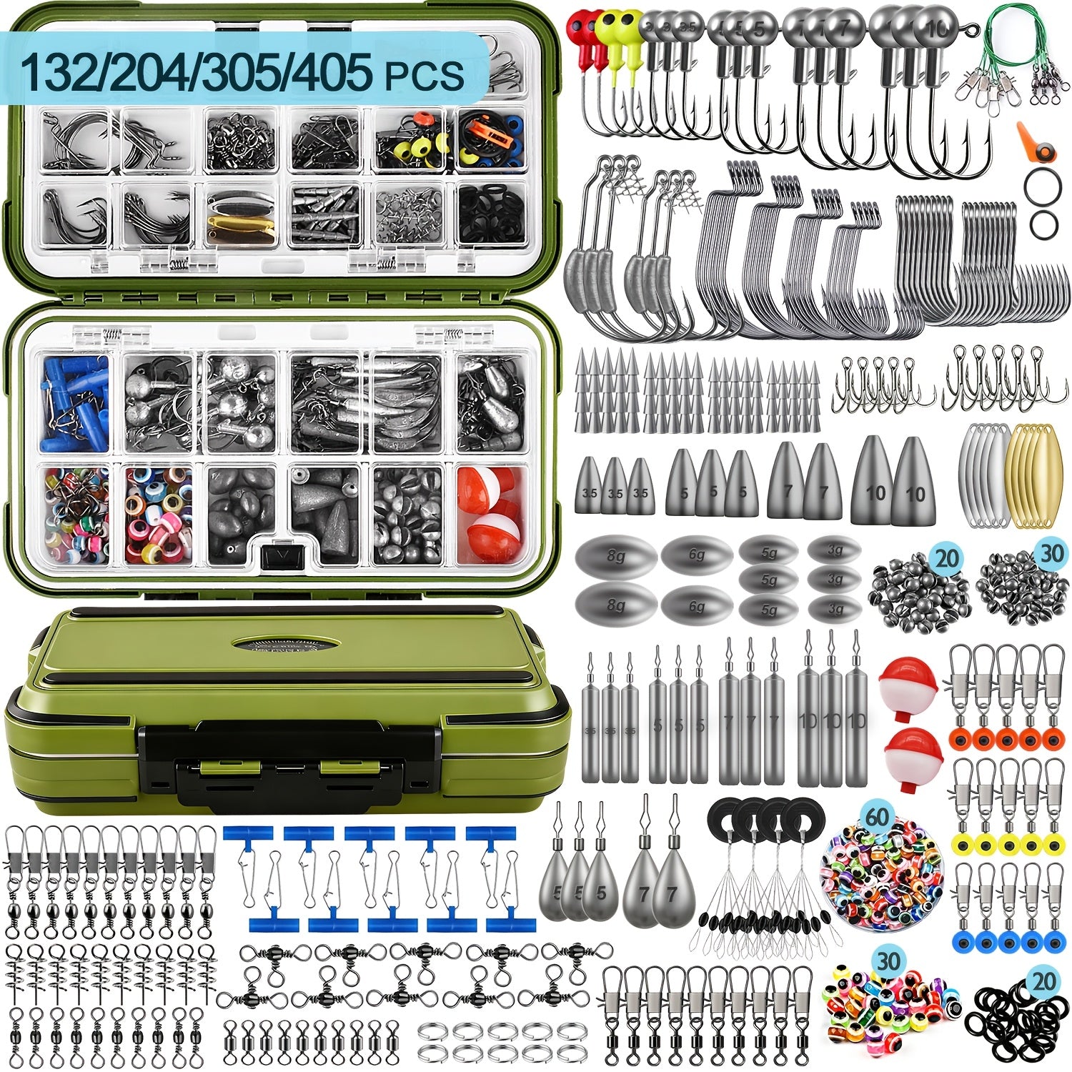 Fishing Tackle Kit 132 204 305 405pcs Complete Tackle Box with Hooks Weights Sinkers Spinner Blades Fishing Accessories for Bass Trout Bluegill Crappie Freshwater Fishing Gear Set