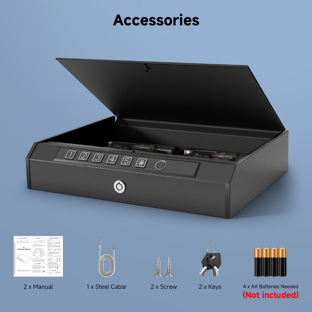Biometric Gun Safe 3-Way Unlock – Fingerprint Digital PIN & Key Pistol Lock Box with Internal Light Silent Mode Emergency Power for Home Bedroom Nightstand Car