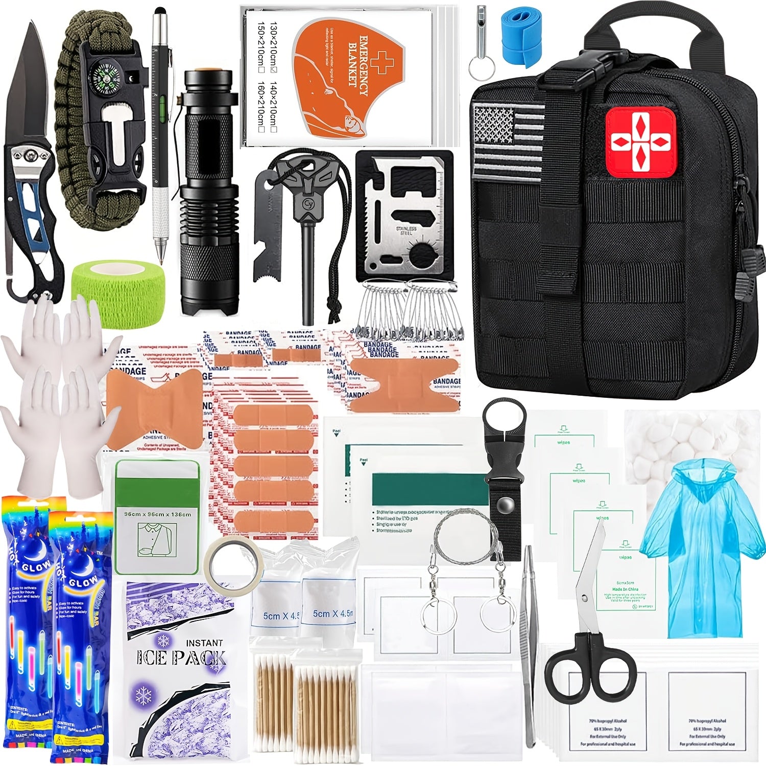 272-Piece Survival Kit with Fire Starter - Emergency Gear Set with First Aid, Flint Magnesium Rod, Whistle, Flashlight & Molle Bag for Camping Hiking Hunting Earthquake Preparedness