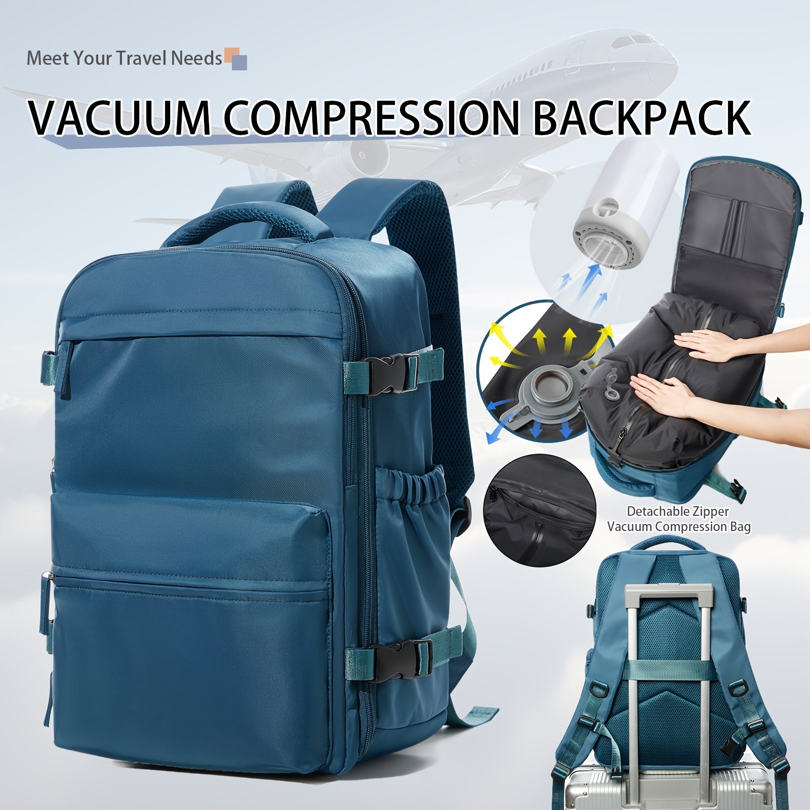 Vacuum Seal Compression Backpack with Air Pump – Expandable Large Capacity Travel Laptop Bag Space Saver Oxford Cloth Carry-On for Men Women Hiking Commuting Weekend Trip Peacock Blue Green Black