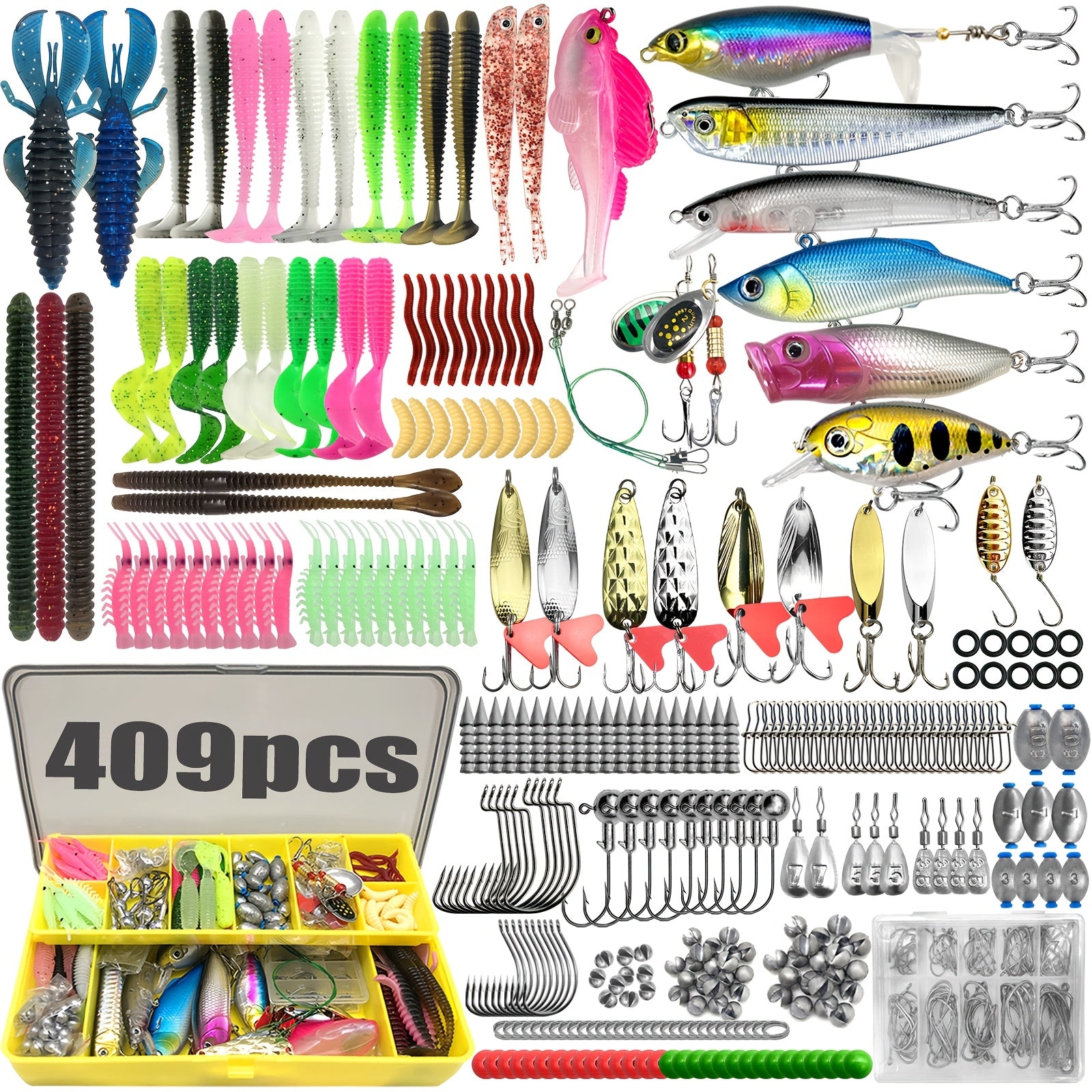 Fishing Tackle Set Complete Kit 83–409 Pcs with Spinnerbaits Crankbaits Jig Heads Sinkers & Hooks – Freshwater Fishing Lure Assortment with Carry Case – Ultimate Starter Kit for Bass Trout Fishing