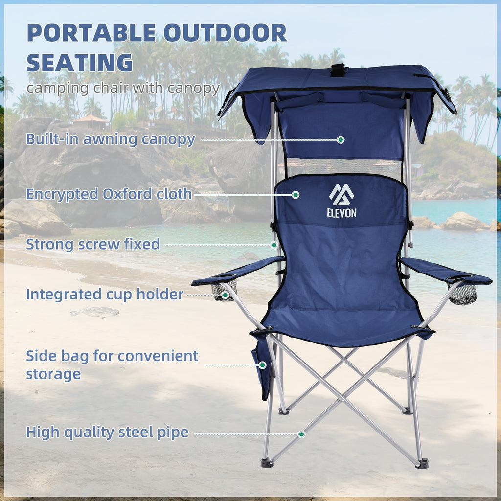 Folding Camping Chair with Canopy Sunshade Portable Beach Chair – 225 lbs Support Wide Seat Cup Holder Carrying Bag for Outdoor Lawn