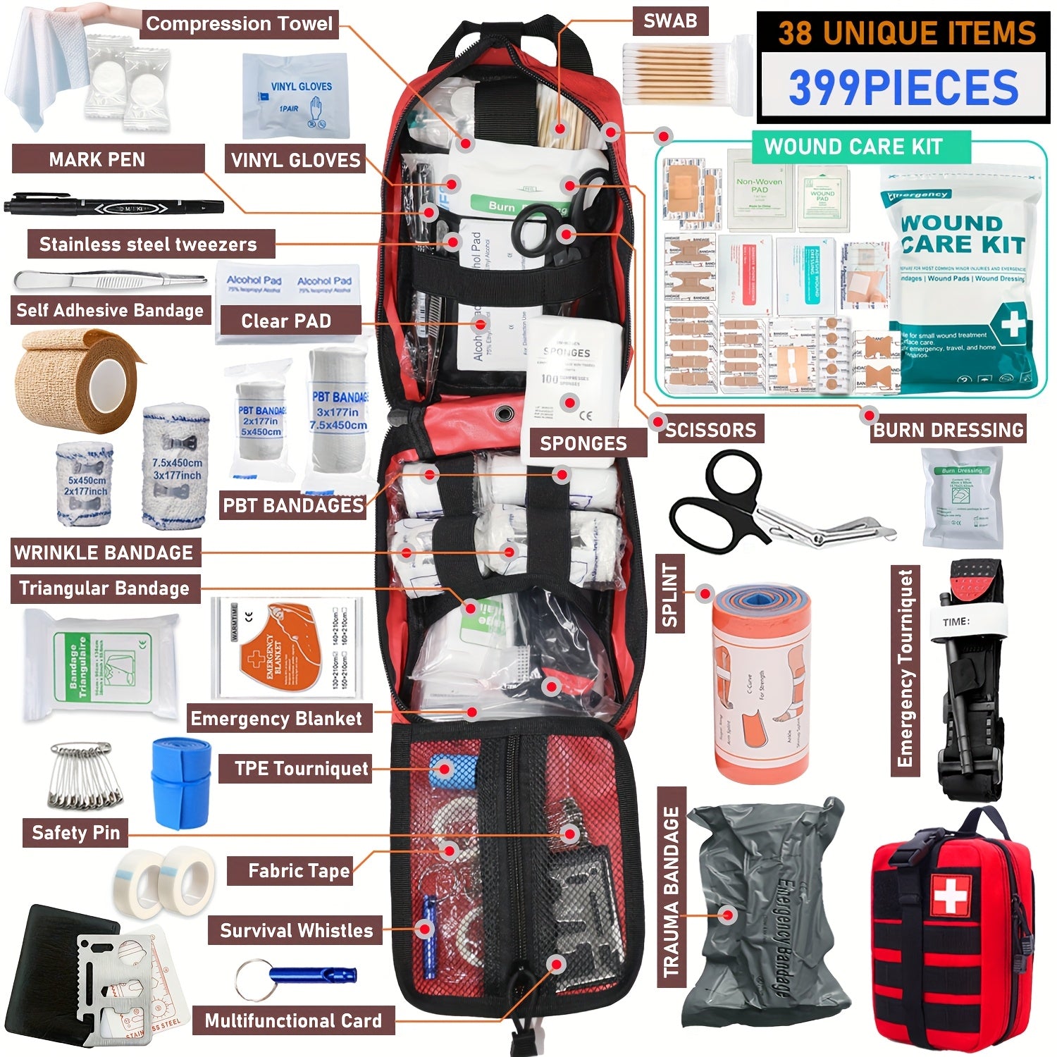 First Aid Kit 399-Piece Professional Portable Survival Gear for Hiking Camping Hunting Car Boat Travel Emergency Disaster Preparedness Gift for Men