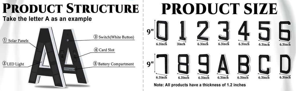 9 Inch Solar Lighted House Numbers for Outside - IP44 Waterproof, Auto Light Sensor, 9hr Illumination, Modern Exterior Address Sign, Numbers 0-9 & Letters A-D
