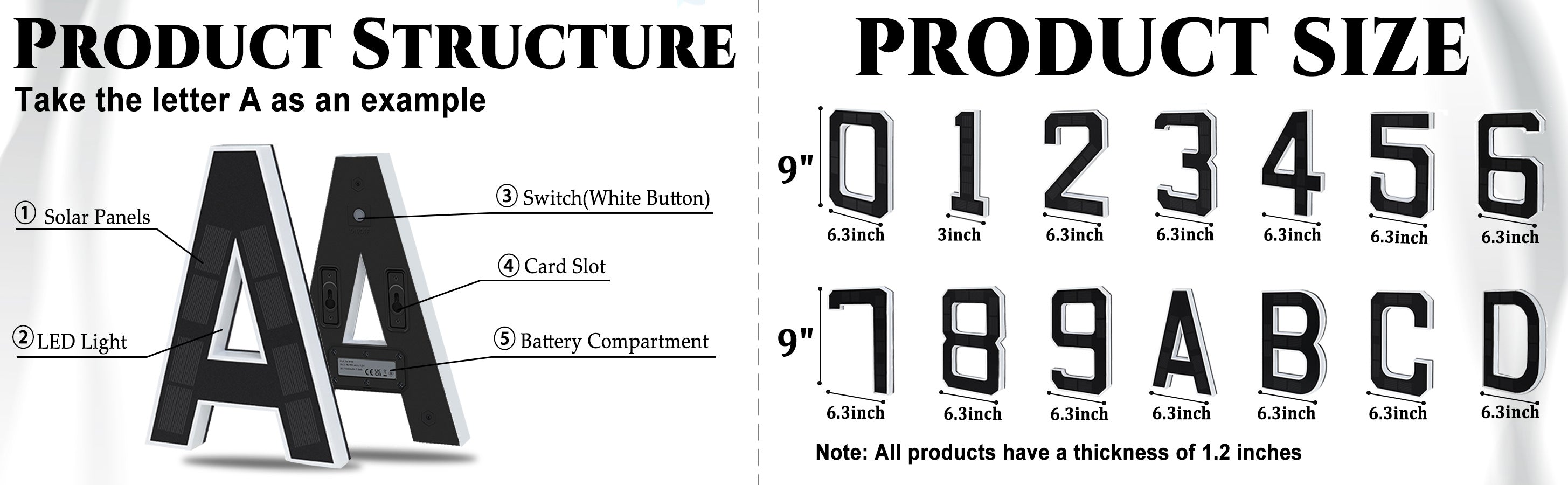 9 Inch Solar Lighted House Numbers for Outside - IP44 Waterproof, Auto Light Sensor, 9hr Illumination, Modern Exterior Address Sign, Numbers 0-9 & Letters A-D