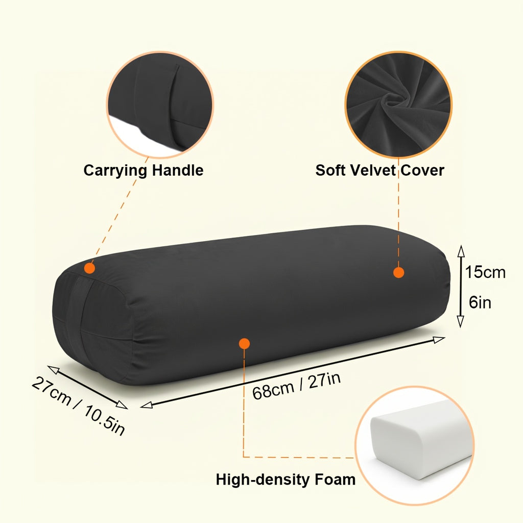 Yoga Bolster Pillow for Restorative Yoga & Meditation – Velvet Cover Soft Sponge Filled Support Cushion for Yoga Poses Stretching Relaxation, Black
