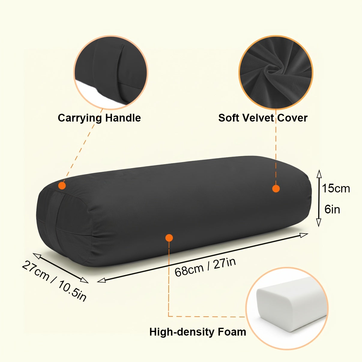 Yoga Bolster Pillow for Restorative Yoga & Meditation – Velvet Cover Soft Sponge Filled Support Cushion for Yoga Poses Stretching Relaxation, Black