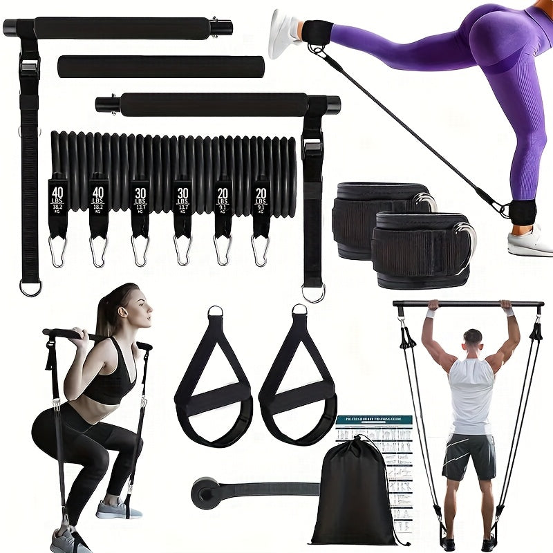 Pilates Stick with Resistance Bands 14pcs Set – Multifunctional Fitness Pedal Puller for Home Yoga, Stretch & Full Body Training, Pink, Black & Purple