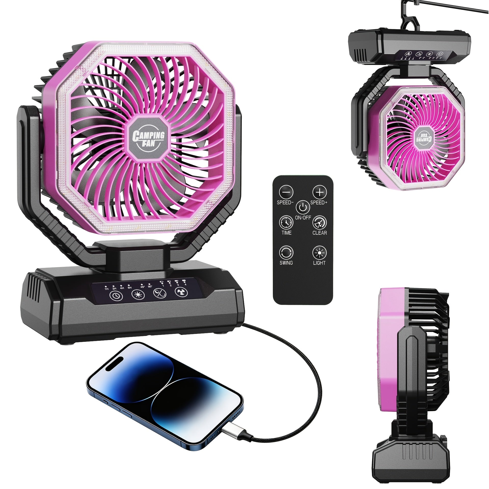 20000mAh Camping Fan with LED Light & Brushless Motor – Portable Outdoor Fan for Camping Hiking Picnic Emergency Use, 4 Speeds, 180° Oscillation, 22-26H Battery Life
