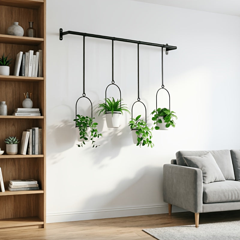 Metal Adjustable Hanging Flower Pot Set - 4 Plastic Pots & Nylon Rope Wall Plant Hanger for Indoor Window, Ceiling & Kitchen Herb Garden, Expandable 11.8"-18.1", 1 Set or 5 Pots
