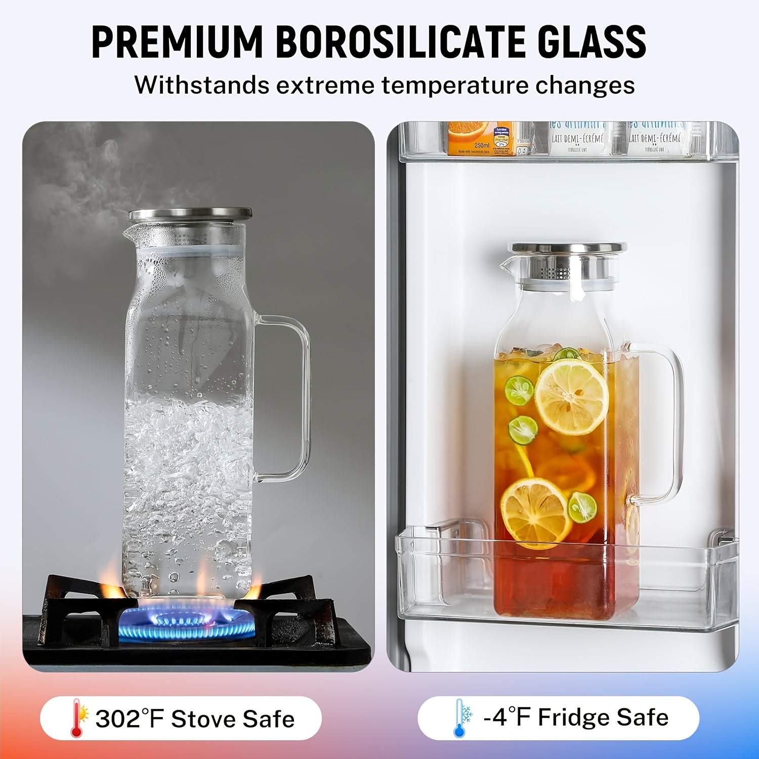 Glass Pitcher with Lid 68oz 2 Pack Square Borosilicate Glass Water Pitcher with Handle Classic Stripes Carafe for Fridge Iced Tea Coffee Cold Hot Brew Large Jug