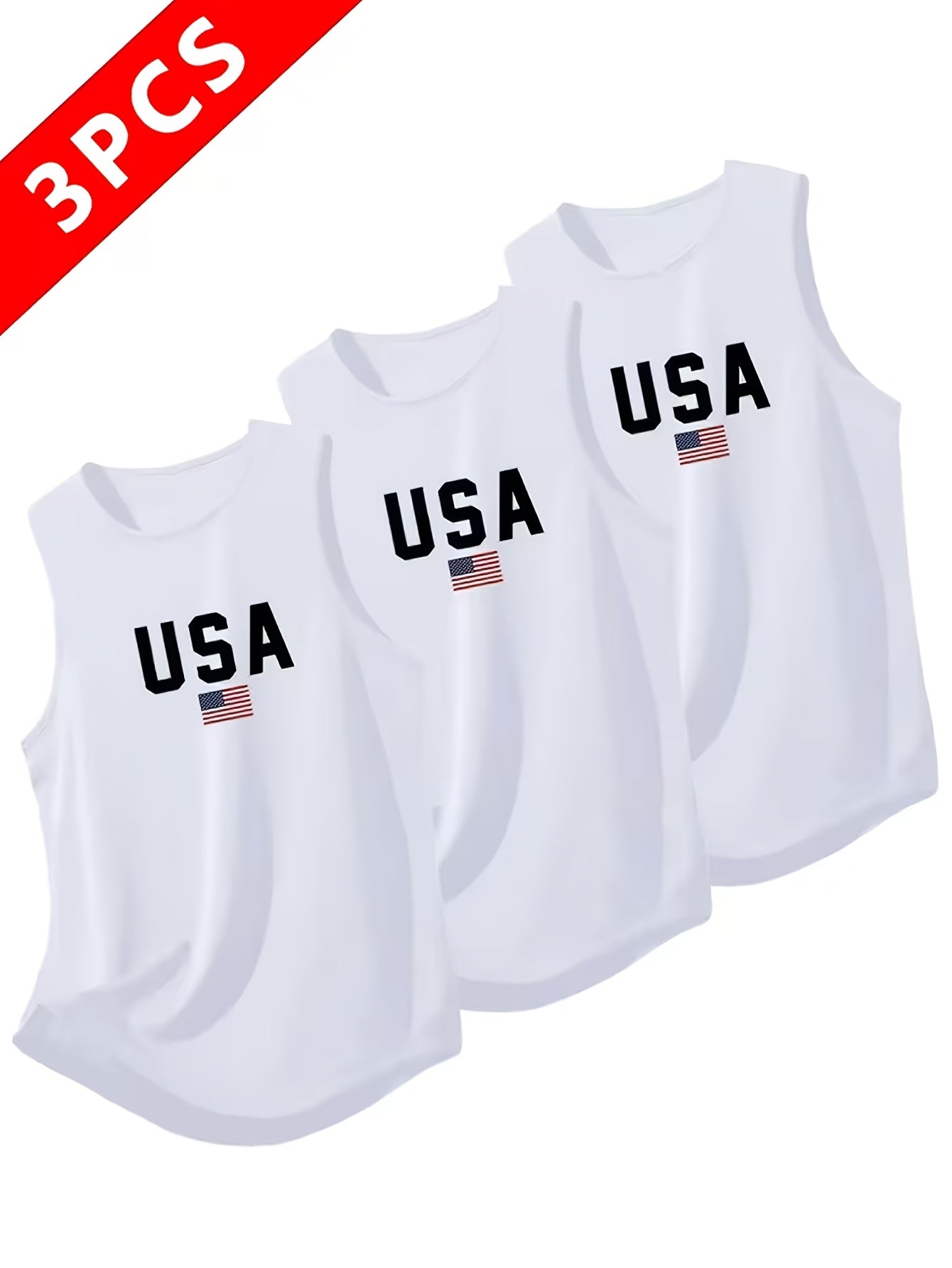 USA Print Men's Quick-Dry Tank Tops 3-Pack Sleeveless Breathable Moisture-Wicking – Crew Neck Athletic Vests for Running Training Gym Black White Gray