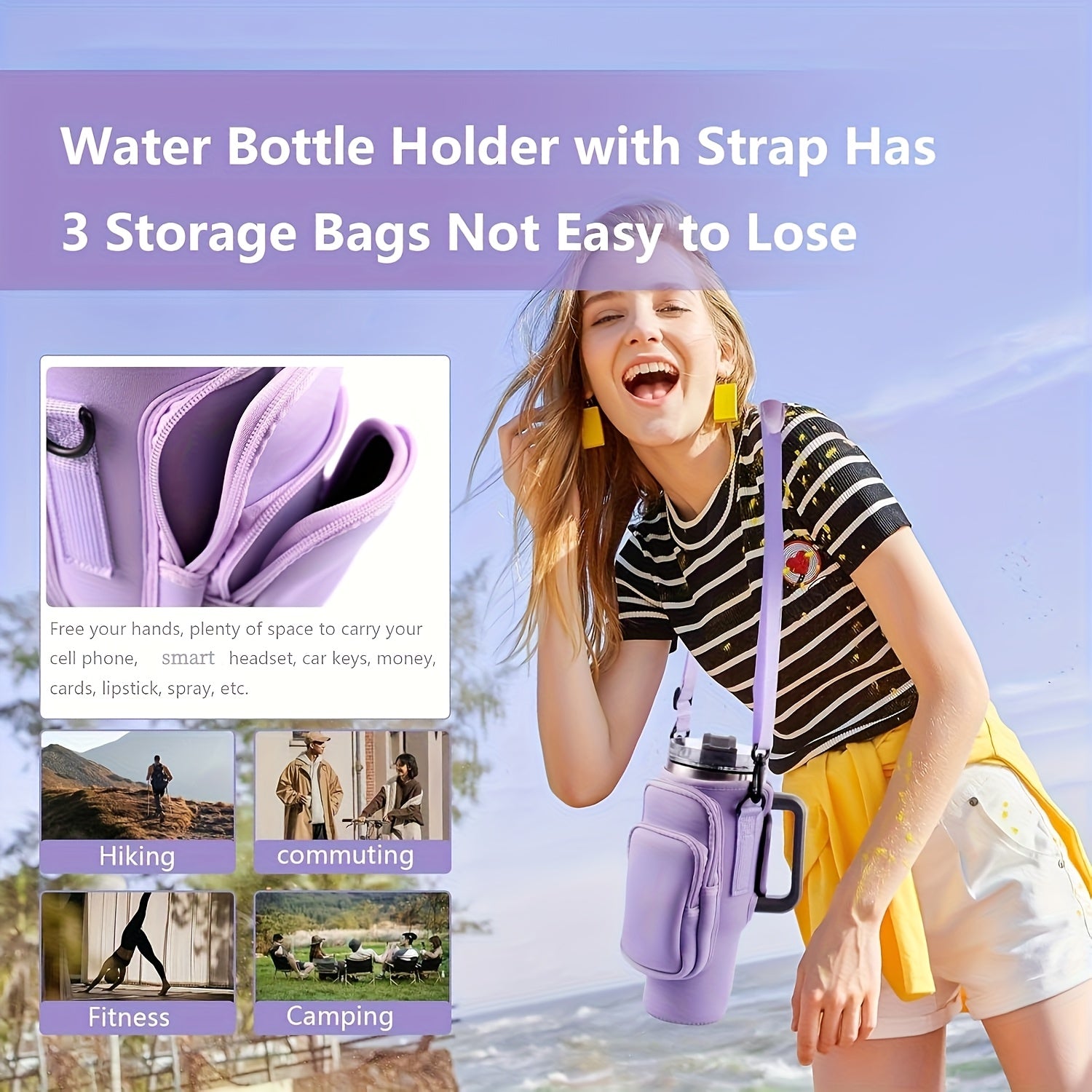 Neoprene Water Bottle Carrier Bag with Phone Pocket for 40oz 30oz Tumbler, 3-Pocket Water Bottle Holder Pouch for Hiking Gym Travel, Fits Stanley Cup Accessories, Father's Day Gift