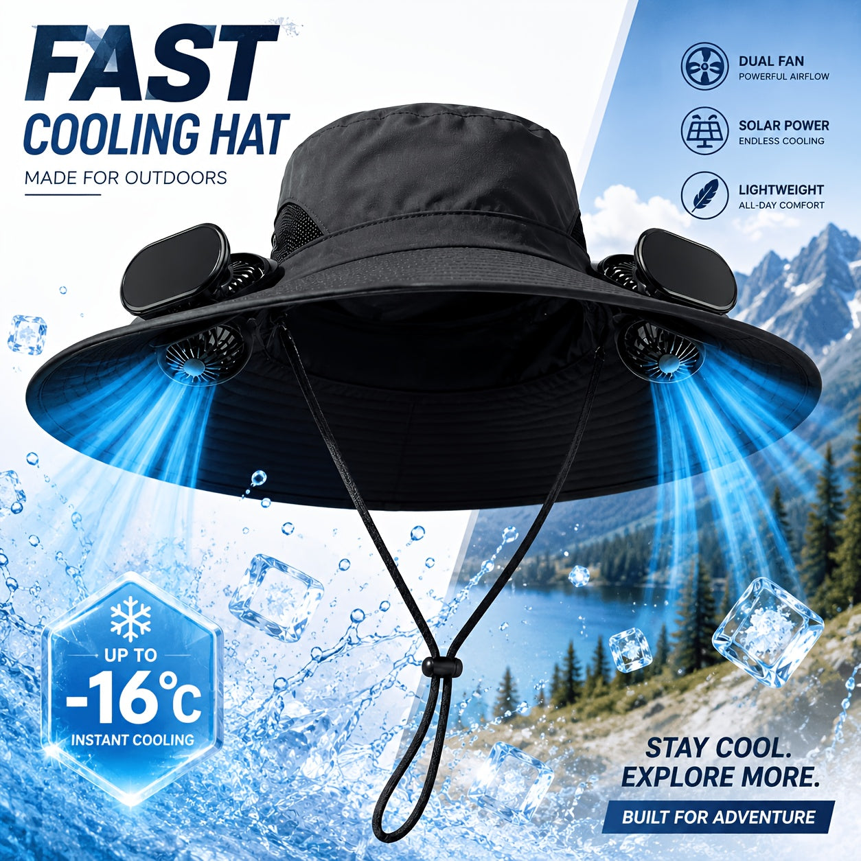 Solar Fan Hat Wide Brim Dual Cooling Fans Men Women Adjustable Airflow UV Protection Hiking Camping Gardening Travel Yard Work Grey Khaki Black Camo