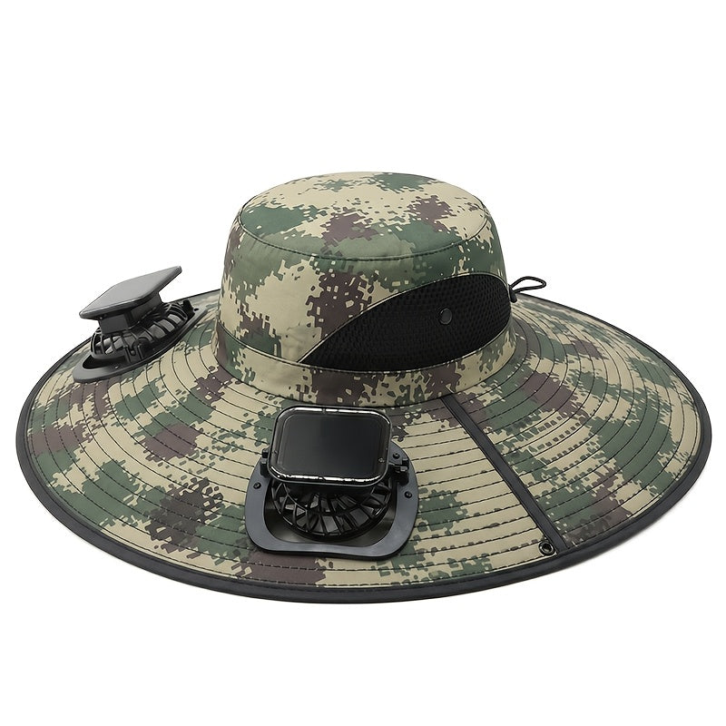 Wide Brim Outdoor Hat Solar Fan USB Rechargeable - Lightweight Sun Hat for Fishing Hiking Mountain Climbing, With or Without Fan, Black Khaki Grey Camo