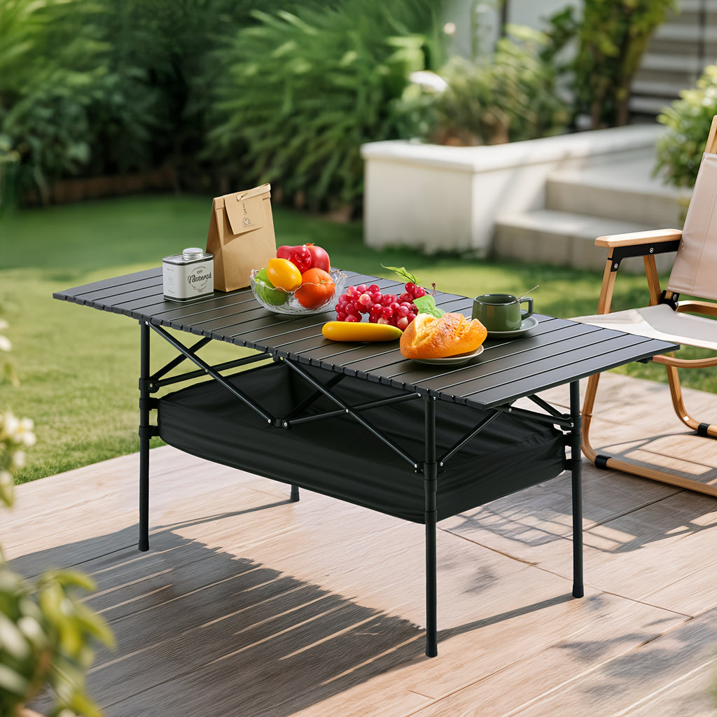 Folding Camping Table Portable Aluminum Height Adjustable with Rolling Wheels – Lightweight Outdoor Table with Mesh Storage Bag & Carry Bag for Camping, Beach, Backyard, BBQ, Patio & Picnic