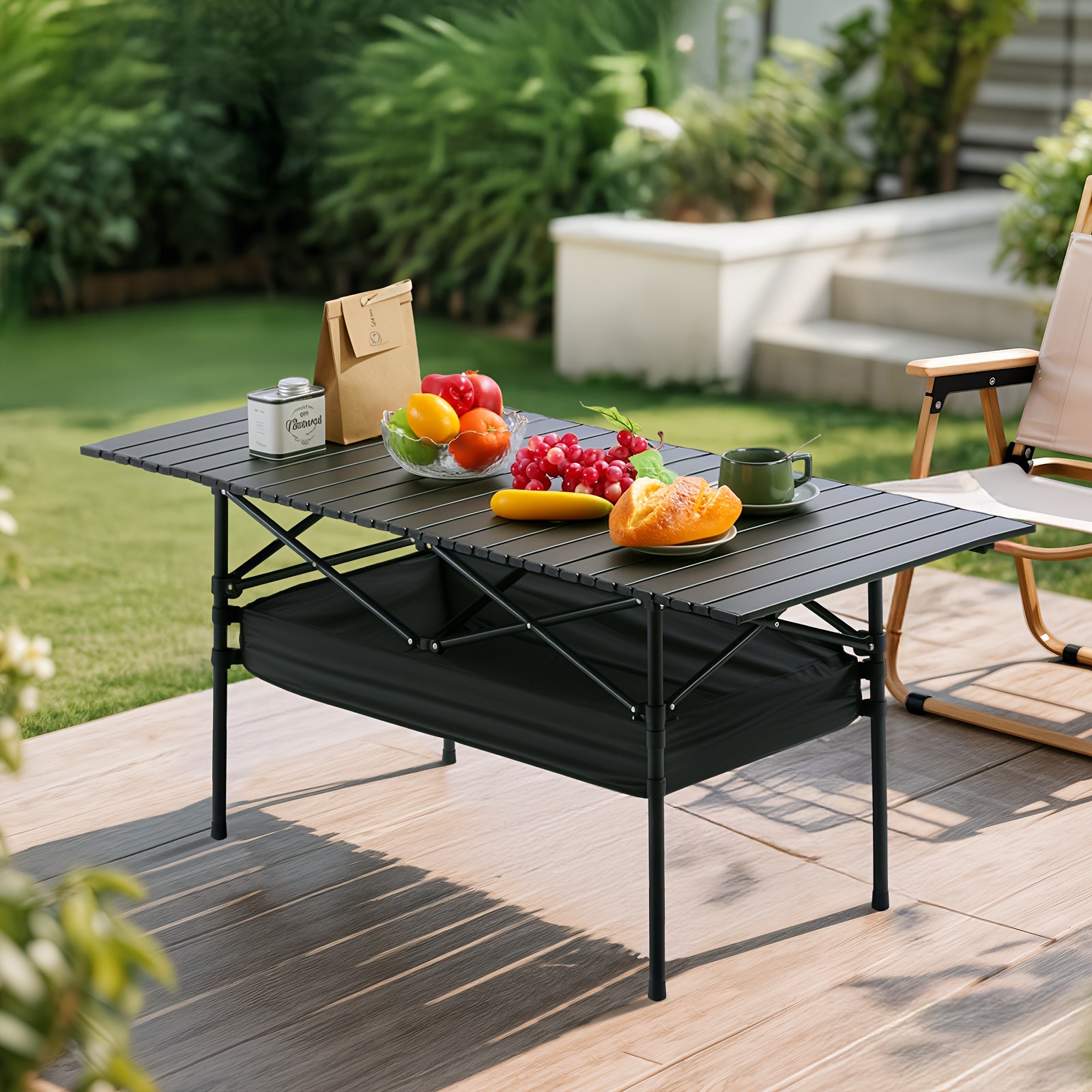 Folding Camping Table Portable Aluminum Height Adjustable with Rolling Wheels – Lightweight Outdoor Table with Mesh Storage Bag & Carry Bag for Camping, Beach, Backyard, BBQ, Patio & Picnic