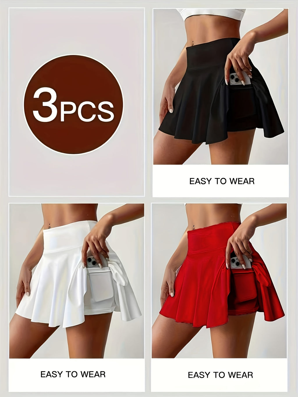 Women's Athletic Skort 3-Pack High Waisted with Built-In Shorts & Pockets – Tennis Golf Pickleball Running Skirt S-XXL Orange Navy White