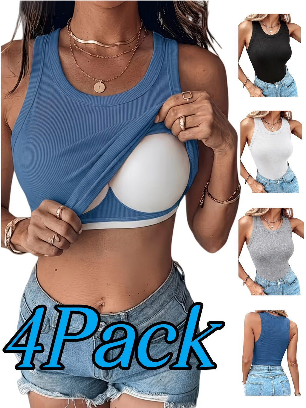 Women's Ribbed Tank Tops 4 Pack Built-in Bra Slim Fit Sleeveless Scoop Neck Camisole – Soft Stretch Basic Undershirt Layering Top for Women