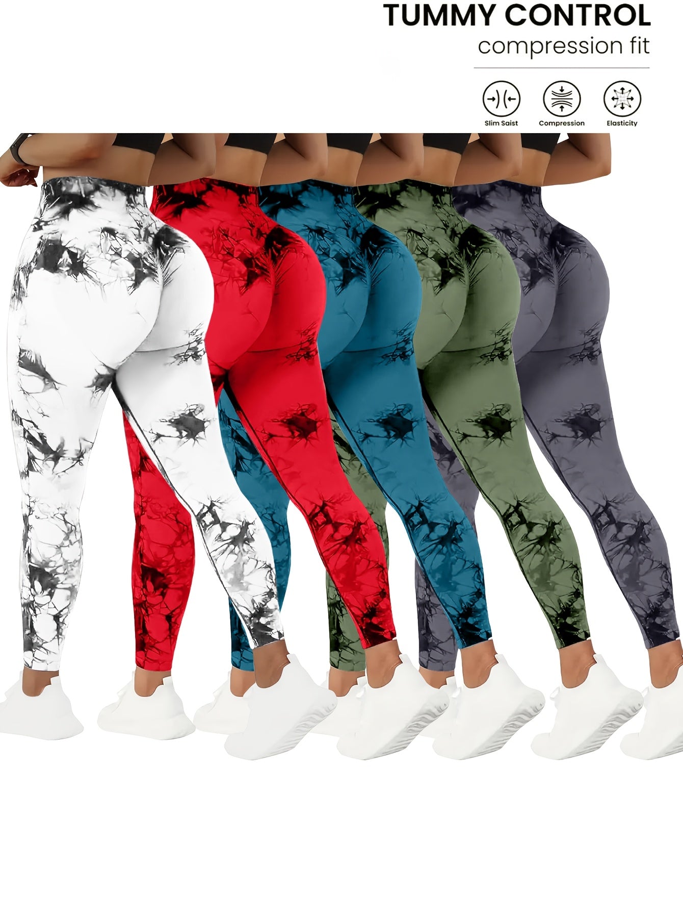 Tie Dye Yoga Pants 5-Pack for Women High Waist Tummy Control Peach Lift Leggings – 4-Way Stretch Running Tights Fitness Workout Pants Squat Proof Non-See-Through Polyamide Leggings S M L XL Multi-Color Sets