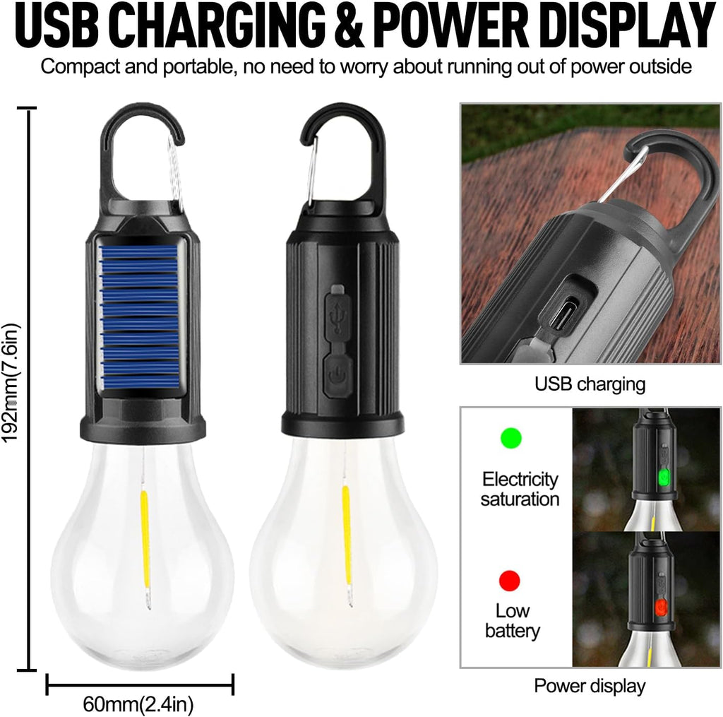 Solar Camping Lantern 3 Pack USB Rechargeable LED Waterproof Tent Light with Clip Hook Outdoor Camping Hiking Emergency Flashlight Christmas Decoration