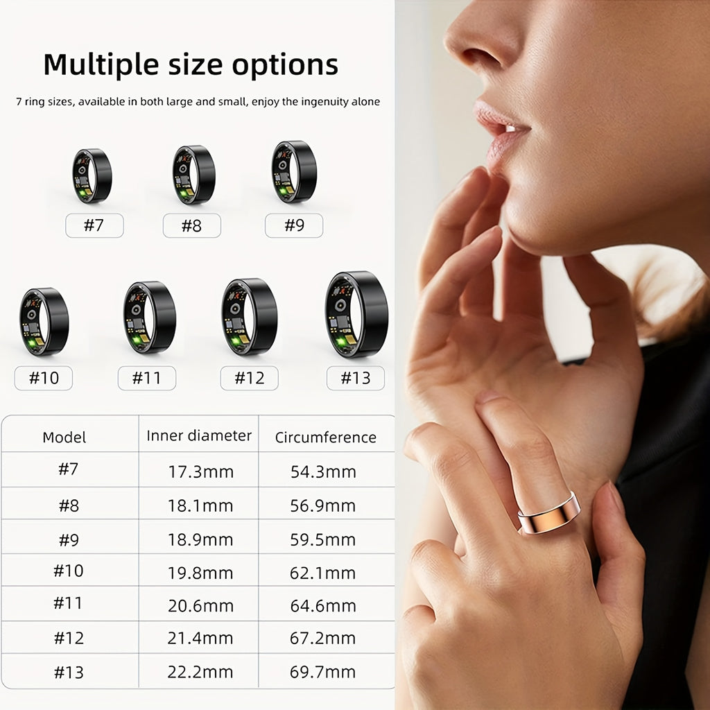Smart Fitness Ring Bluetooth 5.3 Heart Rate HRV Sleep Steps Calorie Body Temp Stress Tracker No Subscription iPhone Android Compatible Sizes 7-13 Black Silver Gold