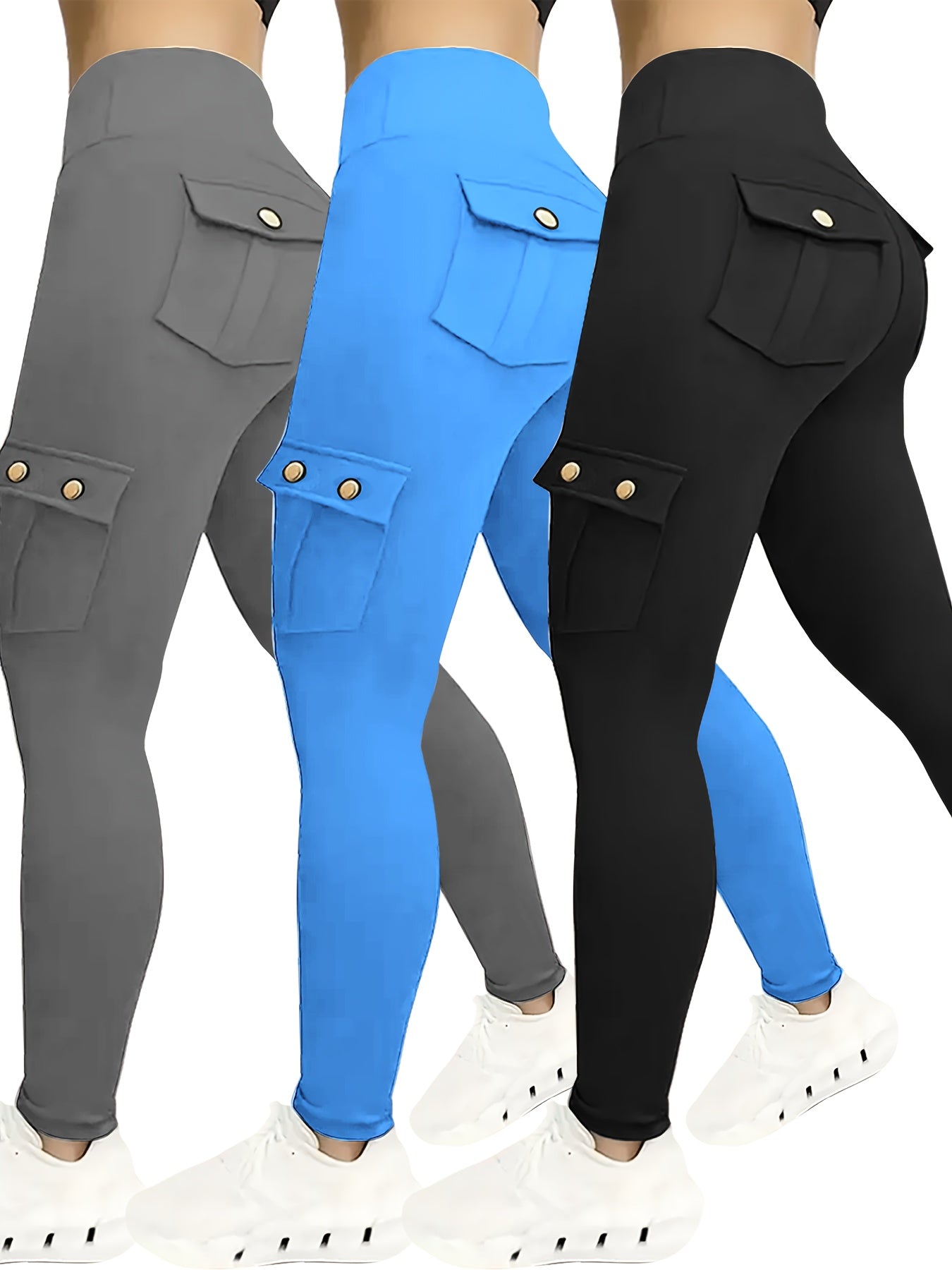 Women's Compression Leggings 3-Pack High Waisted with Flap Pockets Button Design All-Season Elastic Running Yoga Gym Sports Leggings Black Blue Gray Pink Red M-XXL