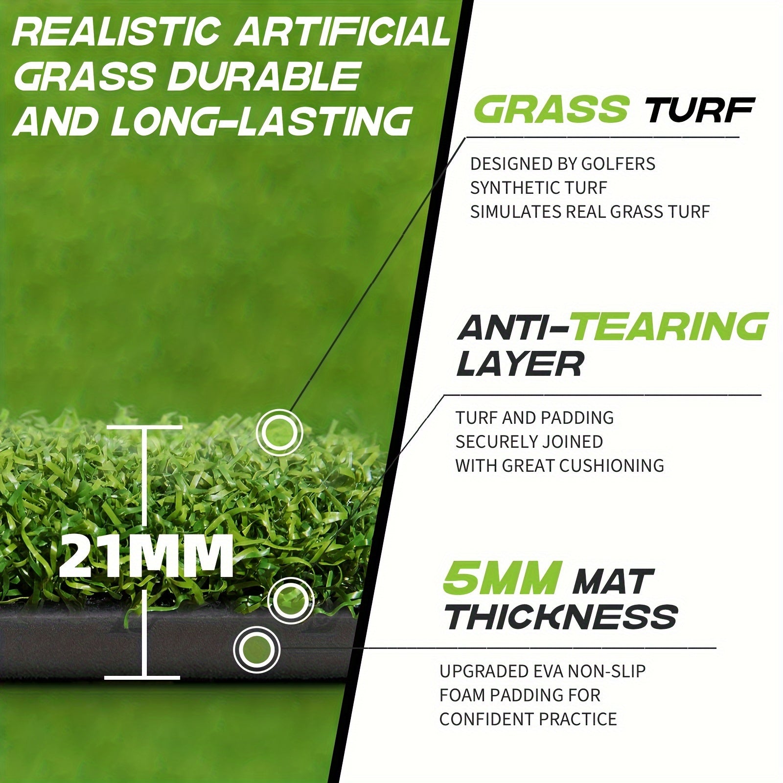 Golf Hitting Mat 5x3ft 21mm & 5x4ft Dual-Turf 31mm – Indoor Outdoor Practice Mat with Balls Tees Gift for Golfers