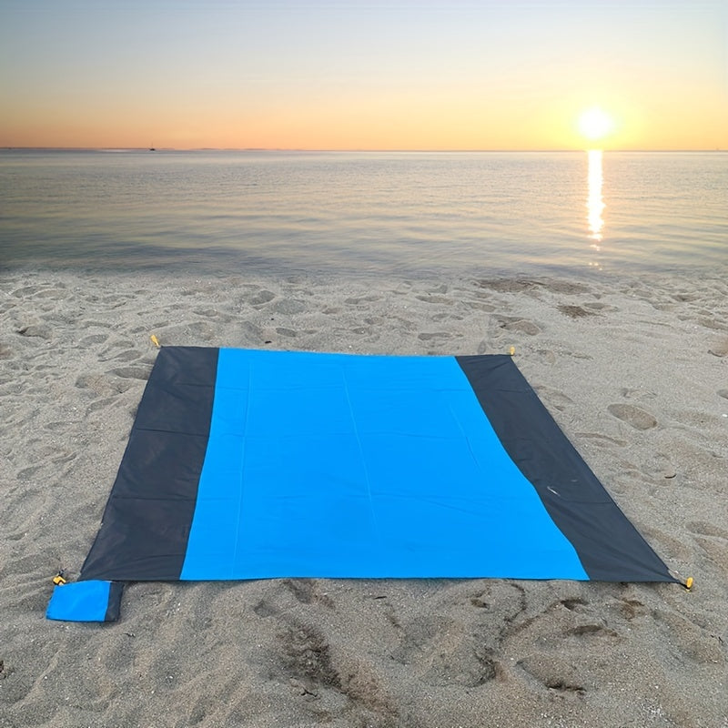 Sandproof Beach Blanket Foldable Mat with 4 Corner Stakes – Lightweight Portable Outdoor Blanket for Beach, Camping, Hiking, Travel & Picnic
