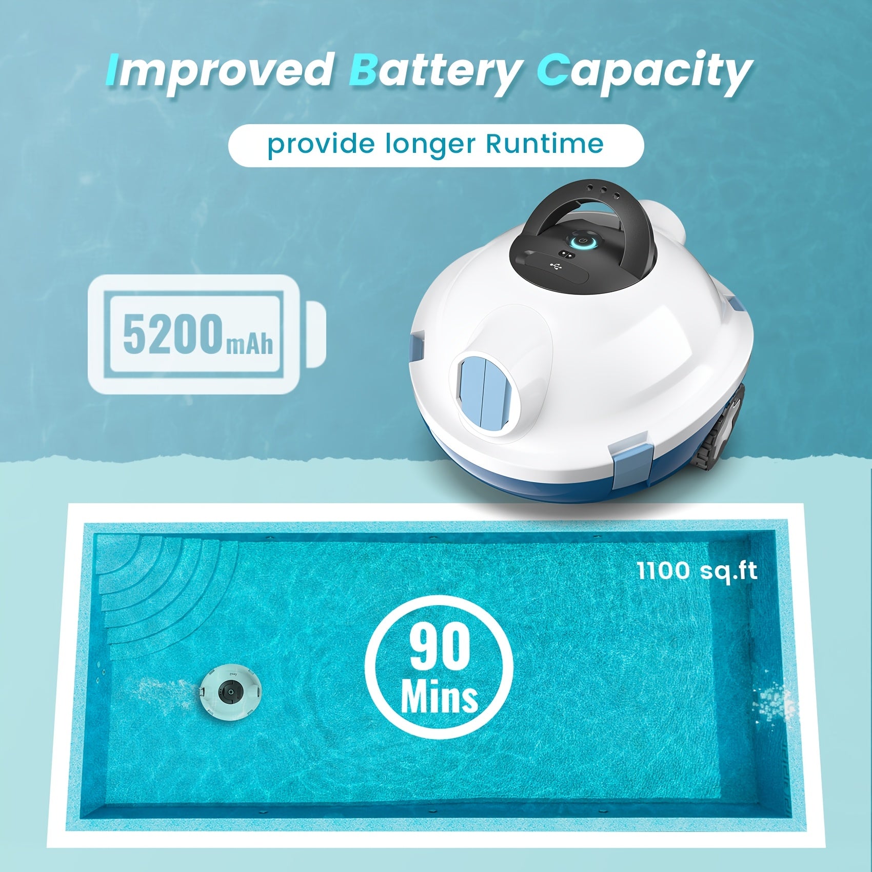 Cordless Robotic Pool Cleaner Automatic Vacuum 90 Min Runtime IPX8 Waterproof Self-Parking Lightweight, Robot Pool Cleaner for Flat Above Ground In-Ground Pool Up to 65 Ft 1100 Sq Ft