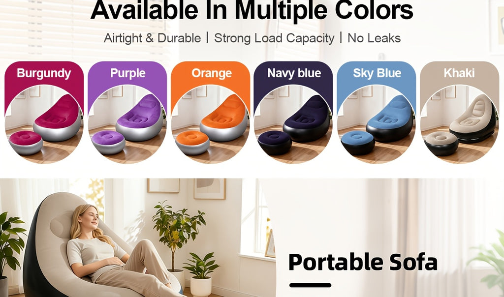 Inflatable Sofa with Footstool 2-Piece Set Heavy Duty Plush Fabric Portable Air Couch with Pump – Indoor Outdoor Camping Beach Backyard Lounge