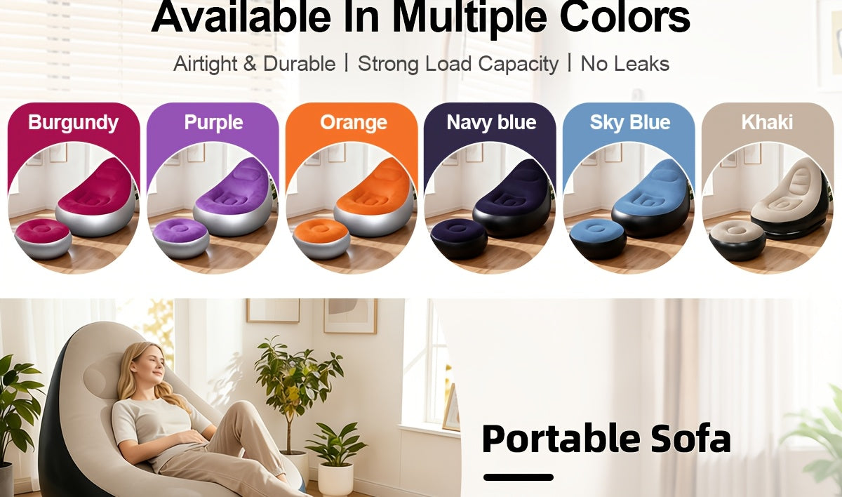 Inflatable Sofa with Footstool 2-Piece Set Heavy Duty Plush Fabric Portable Air Couch with Pump – Indoor Outdoor Camping Beach Backyard Lounge