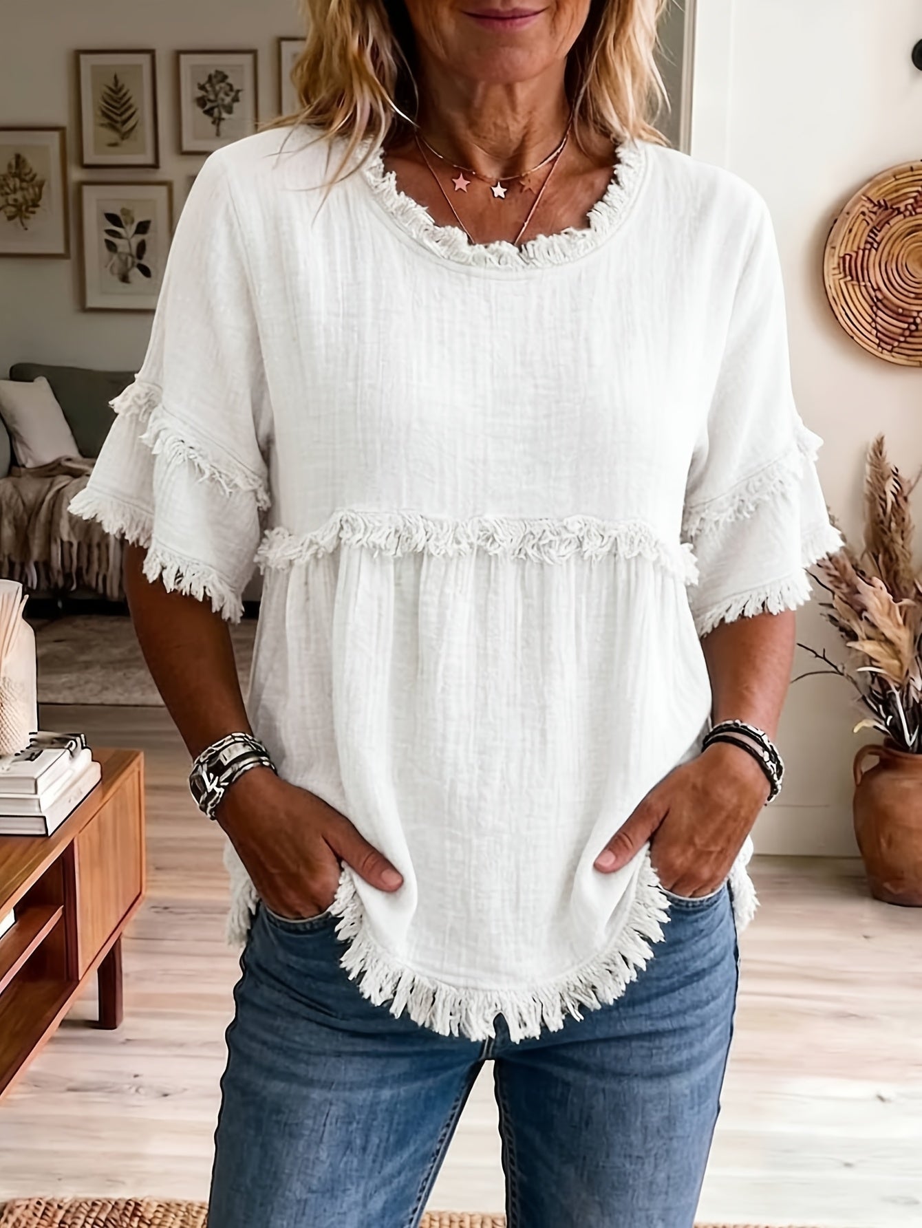 Women's Fringed Trim Short Sleeve Casual Blouse – Soft Knit Crew Neck Top for Summer, Beach & Everyday Wear | Royal Blue, Aquamarine, Sky Blue, Grey, Green (S-XXL)