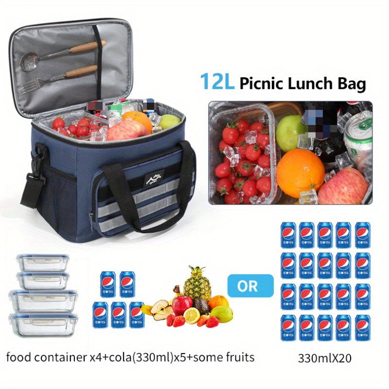 Large Capacity Insulated Cooler Bag Picnic Bag – Portable Crossbody Refrigerated Lunch Bag with Foil Storage Bags for Outdoor Camping Travel Black Grey Navy Khaki