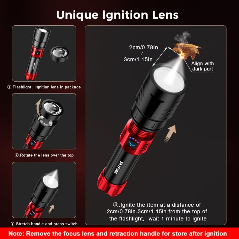 LED Flashlight 5000+ Lumen Super Bright Rechargeable with Ignition Lens Adjustable Focus 4 Modes for Camping Outdoor Farm Emergency Family Use