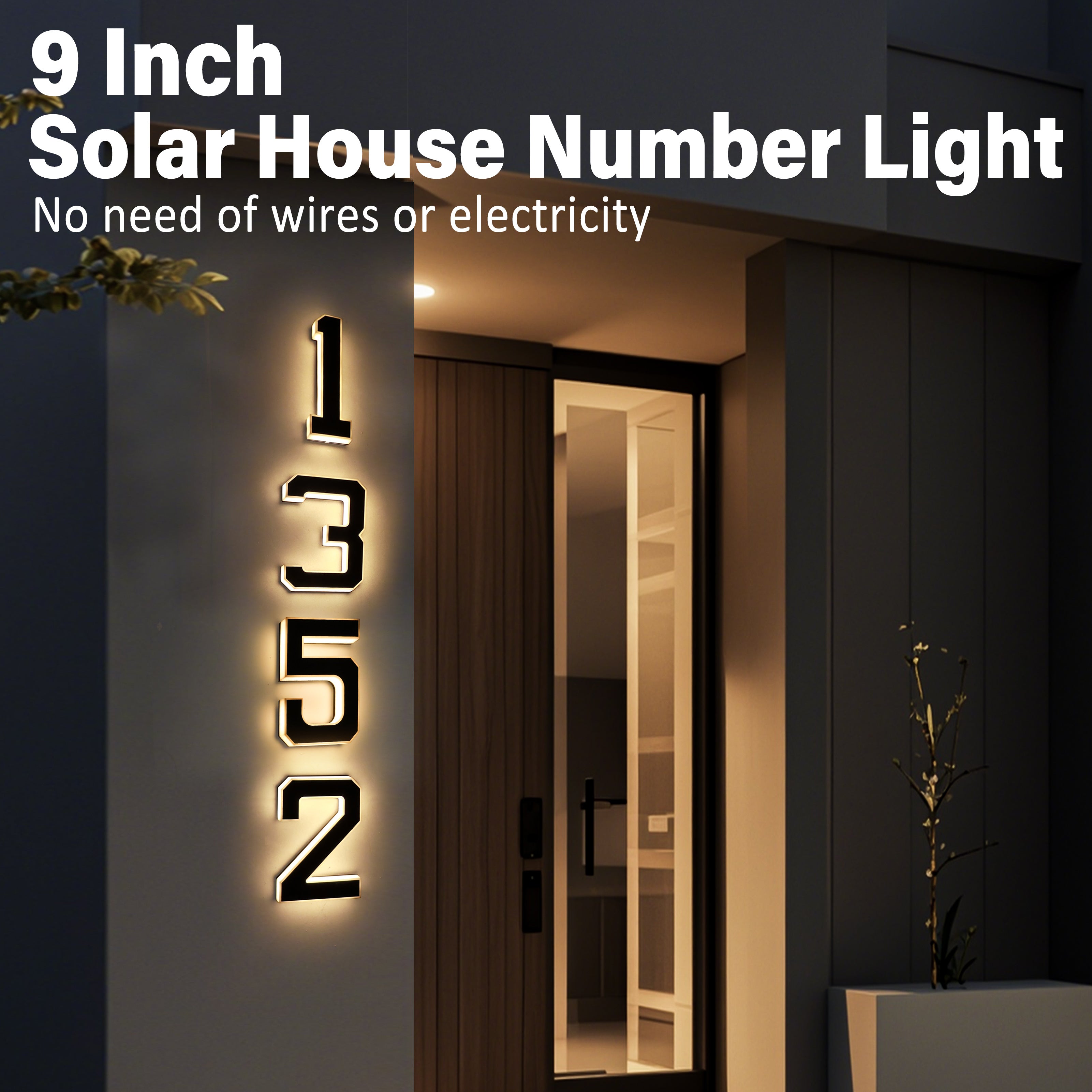 9 Inch Solar Lighted House Numbers for Outside - IP44 Waterproof, Auto Light Sensor, 9hr Illumination, Modern Exterior Address Sign, Numbers 0-9 & Letters A-D