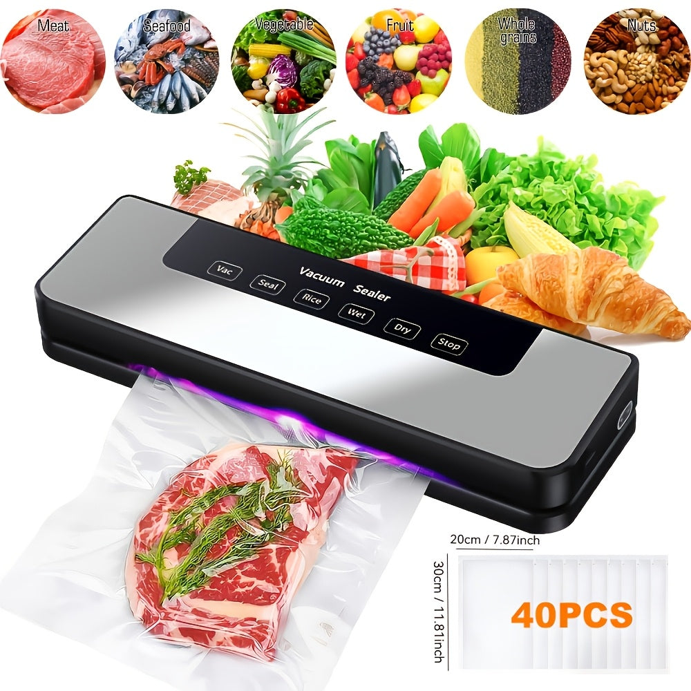 Vacuum Sealer Machine 65KPA 6-in-1 with 40 Bags, Wet & Dry Mode Automatic Food Vacuum Sealing Machine for Food Storage & Preservation, Commercial & Household Kitchen Food Saver