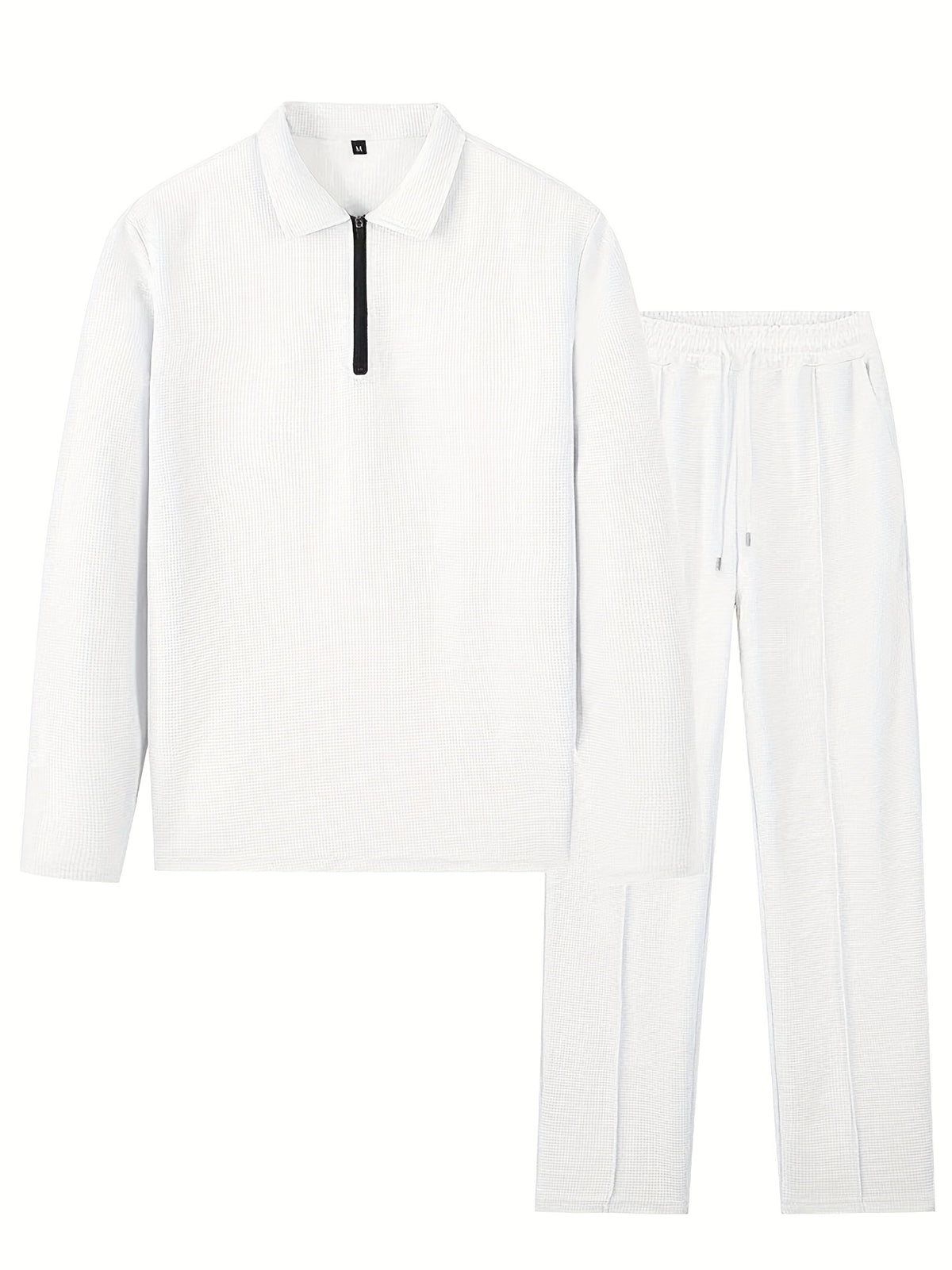 Men's Waffle Long Sleeve Set – 2-Piece Sports & Leisure Tracksuit with Pants, Breathable Polyester Knit, Regular Fit for Spring Autumn Daily Wear, M-XXXL