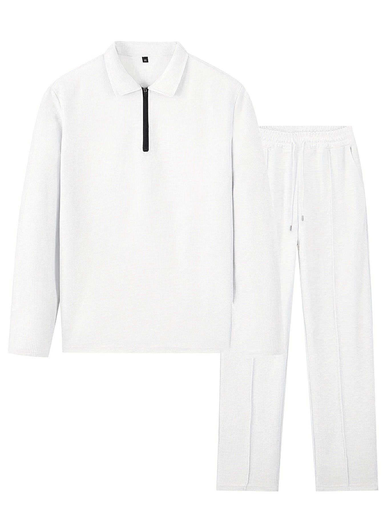 Men's Waffle Long Sleeve Set – 2-Piece Sports & Leisure Tracksuit with Pants, Breathable Polyester Knit, Regular Fit for Spring Autumn Daily Wear, M-XXXL